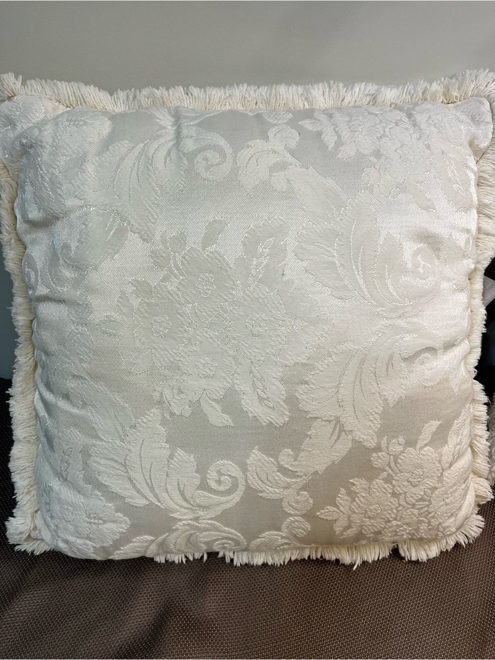 Classic Cream Damask Fringe Throw Pillow (set of 2)